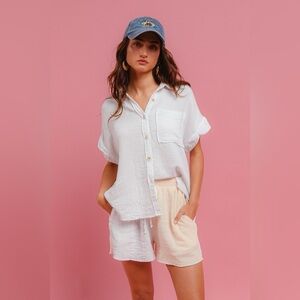 BiBi Wrinkled Gauze Solid Shirts Top and Shorts Set
